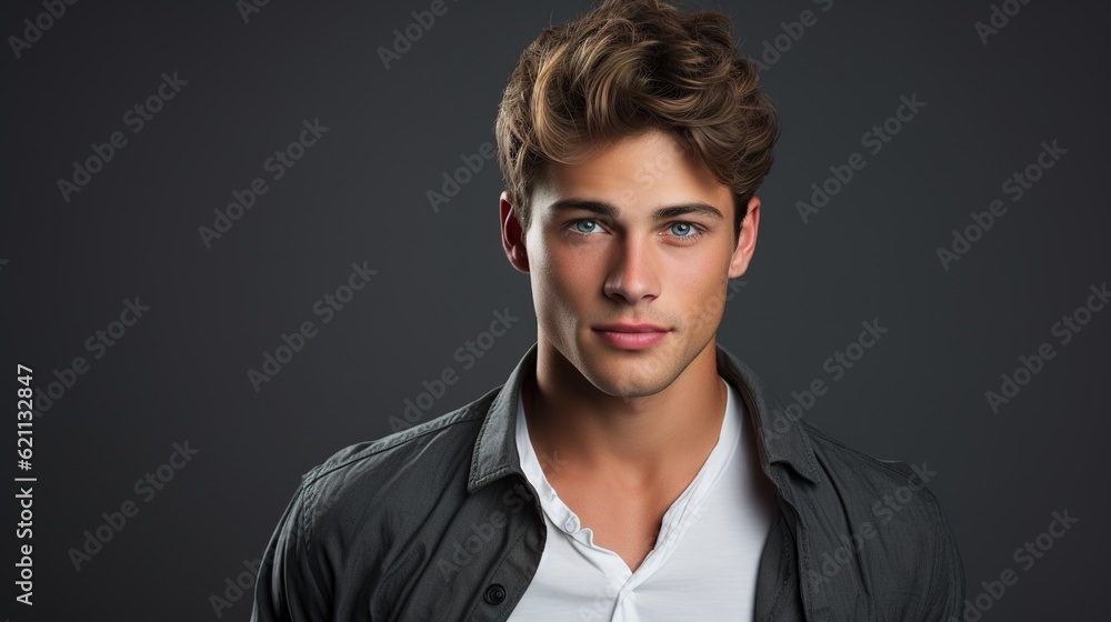 Intriguing Gaze: A handsome young man with tousled brown hair and piercing blue eyes gazes intently at the camera, showcasing a captivating combination of youthful charm and a hint of mystery. Intriguing Gaze: A handsome young man with tousled brown hair and piercing blue eyes gazes intently at the camera, showcasing a captivating combination of youthful charm and a hint of mystery.