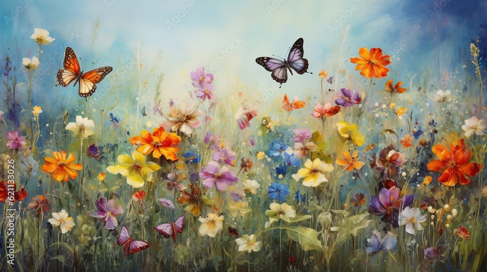 spring meadow with flowers and butterflies, generative ai spring meadow with flowers and butterflies, generative ai