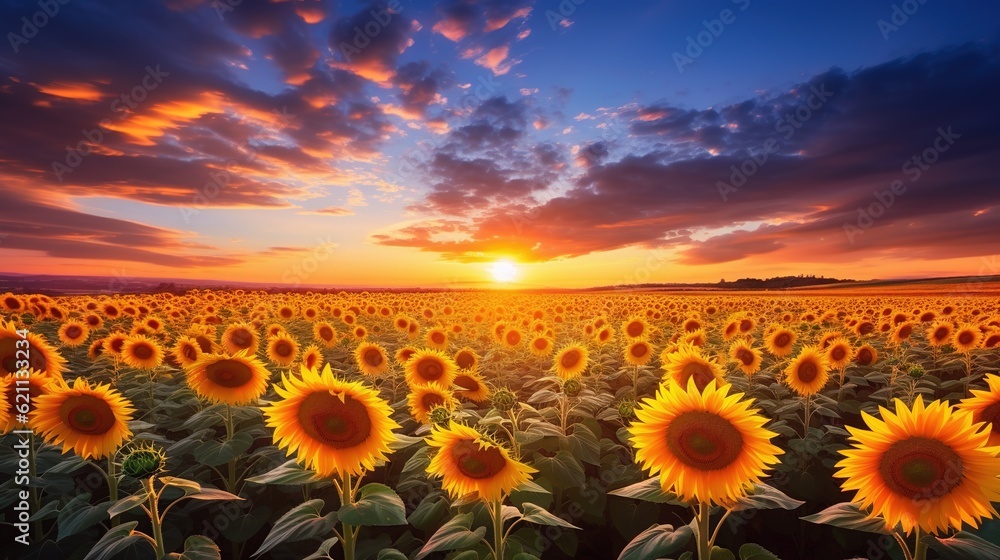 Sunflower fields, contemporary art, poetic scenery background, generative ai