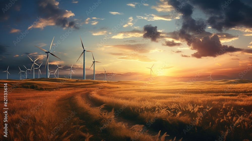 Obraz premium wind turbines in the field at sunset, generative ai