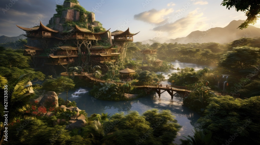 World inspired by the Amazon rainforest, with lush greenery, exotic wildlife, and tribal communities World inspired by the Amazon rainforest, with lush greenery, exotic wildlife, and tribal communities
