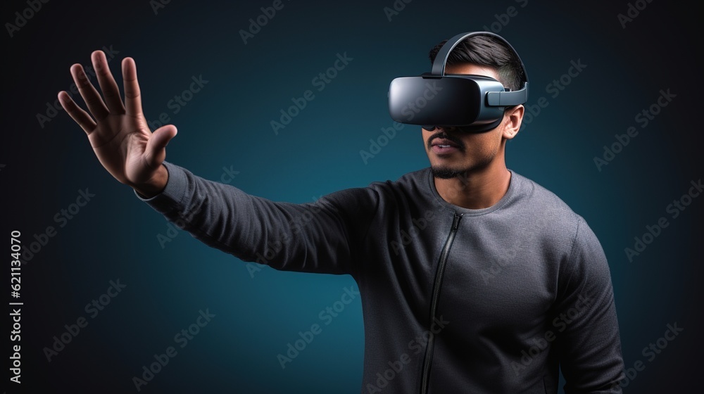 Young man using virtual reality headset isolated on gray background, VR, future gadgets, technology, virtual event, education, generative ai Young man using virtual reality headset isolated on gray background, VR, future gadgets, technology, virtual event, education, generative ai