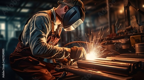 young man welder in brown uniform, welding mask and welders leathers with generative ai