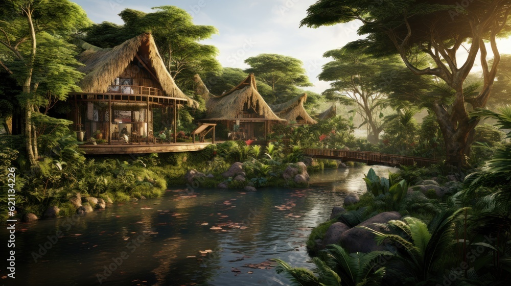 World inspired by the Amazon rainforest, with lush greenery, exotic wildlife, and tribal communities