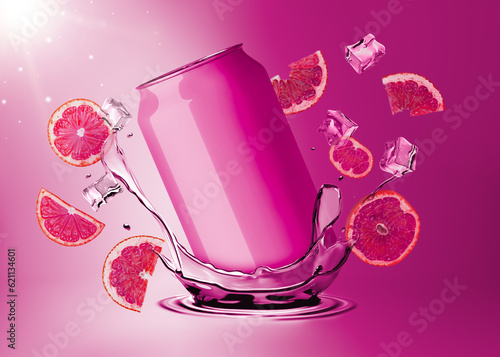 Dynamic Mockup Template Render of Soda Drink Can Advertisement Splashing in the Cool Brisk Water (Grapefruit Flavor)