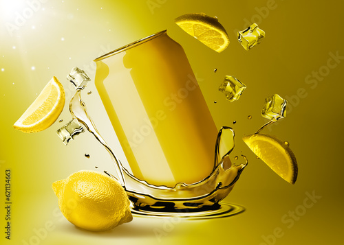 Dynamic Mockup Template Render of Soda Drink Can Advertisement Splashing in the Cool Brisk Water (Lemon Flavor)