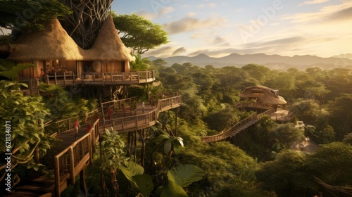 World inspired by the Amazon rainforest, with lush greenery, exotic wildlife, and tribal communities