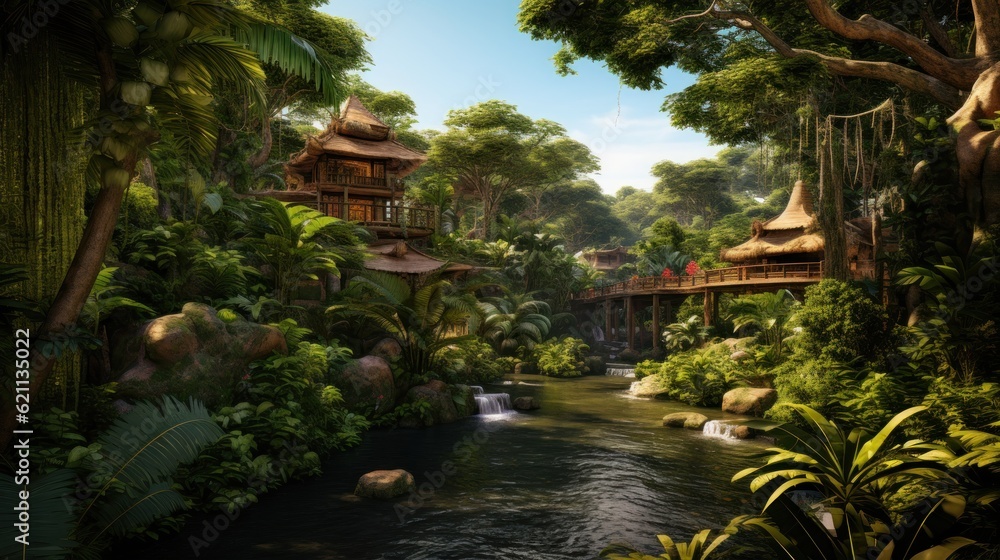 Fototapeta premium World inspired by the Amazon rainforest, with lush greenery, exotic wildlife, and tribal communities