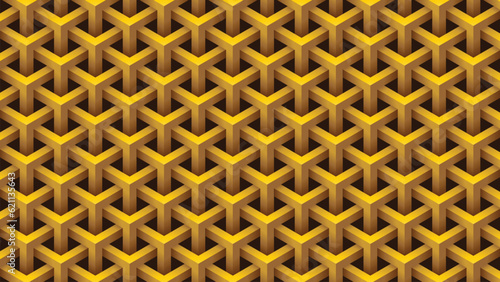 Seamless golden Y pattern, abstract optical illusion geometric interlocking lines with shadows isolated on black background. Vector illustration
