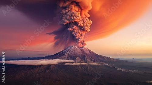 A volcanic eruption, with a towering plume of smoke and ash ascending into the sky, evoking a sense of both danger and breathtaking natural beauty. Generative AI