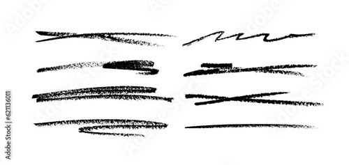 Grunge strikethrough and underline elements. Set of hand drawn pencil lines and strokes. Doodle vector graphic elements. Typography black ink brush lines. Crosses and curved strokes.