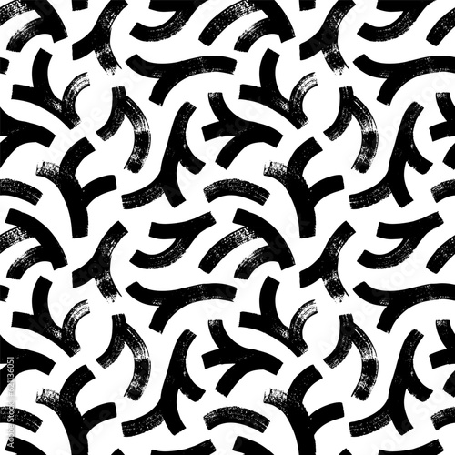 Botanical seamless pattern with geometric bold branches. Brush drawn conifer texture, spruce or fir tree branches. Vector abstract foliage silhouettes. Decorative background with abstract plants.