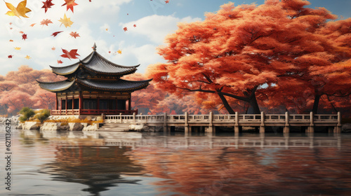 Autumn in Gyeongbokgung Palace and Korean national dress in Seoul,South Korea,ai generater