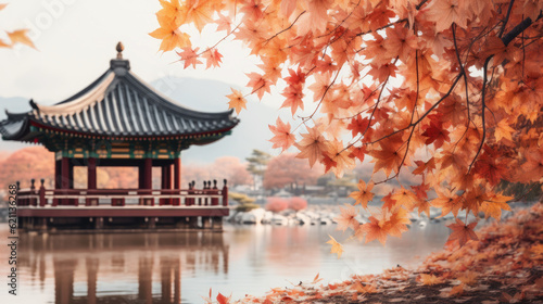 Autumn in Gyeongbokgung Palace and Korean national dress in Seoul South Korea ai generater