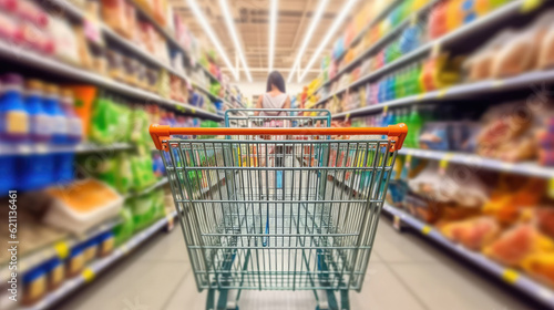 a supermarket trolly in the center of the photo, it is almost filled with meat, milk, grocery and vegetable items.