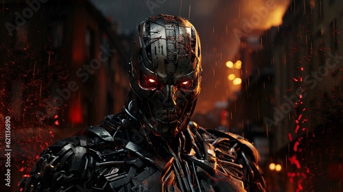 A Cyborg Assassin on a Futuristic Battlefield Generative AI © Adam