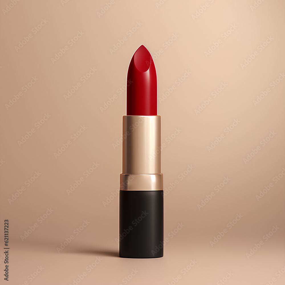 Classic red lipstick in an elegant black and gold tube, standing upright against a neutral beige background with soft lighting Classic red lipstick in an elegant black and gold tube, standing upright against a neutral beige background with soft lighting