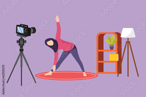 Character flat drawing Arabian woman blogger in hijab sportswear shoots video on camera doing exercises at home. Fitness vlogger live broadcast of training session. Cartoon design vector illustration