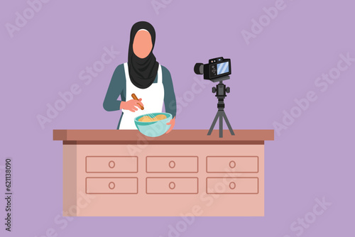 Character flat drawing beautiful Arabian woman preparing dessert at kitchen, stirring dough with spatula. Cooking live streaming. Pretty blogger prepare meal online. Cartoon design vector illustration