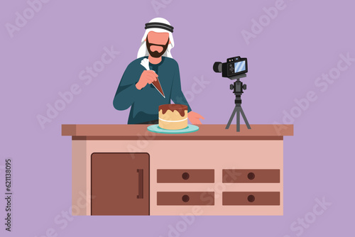 Graphic flat design drawing young male food blogger creating content. Arab man shooting cooking video using camera on tripod. Chef baking, decorating cake at kitchen. Cartoon style vector illustration