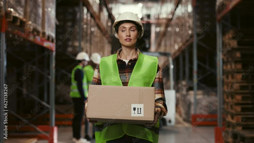 Attractive Lady Worker in the Warehouse Carrying the Package to the Storage. Female Manager with Cardboard Walking in the Logistic Centre. Logistic Business Shipping and Delivery Concept Attractive Lady Worker in the Warehouse Carrying the Package to the Storage. Female Manager with Cardboard Walking in the Logistic Centre. Logistic Business Shipping and Delivery Concept