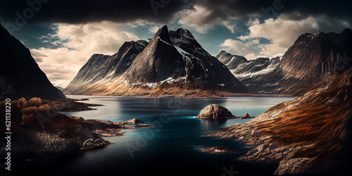 Scandinavian landscape - a beautiful fjord or lake and rocky mountains approaching the water, partially covered with ice and snow. Generative AI