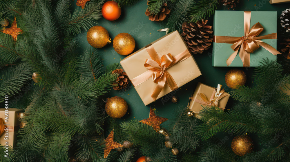 Christmas composition. Gifts, balls and fir tree Christmas composition. Gifts, balls and fir tree