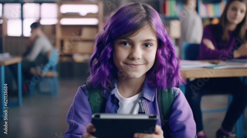 Portrait of a 9-year-old girl with purple hair at school