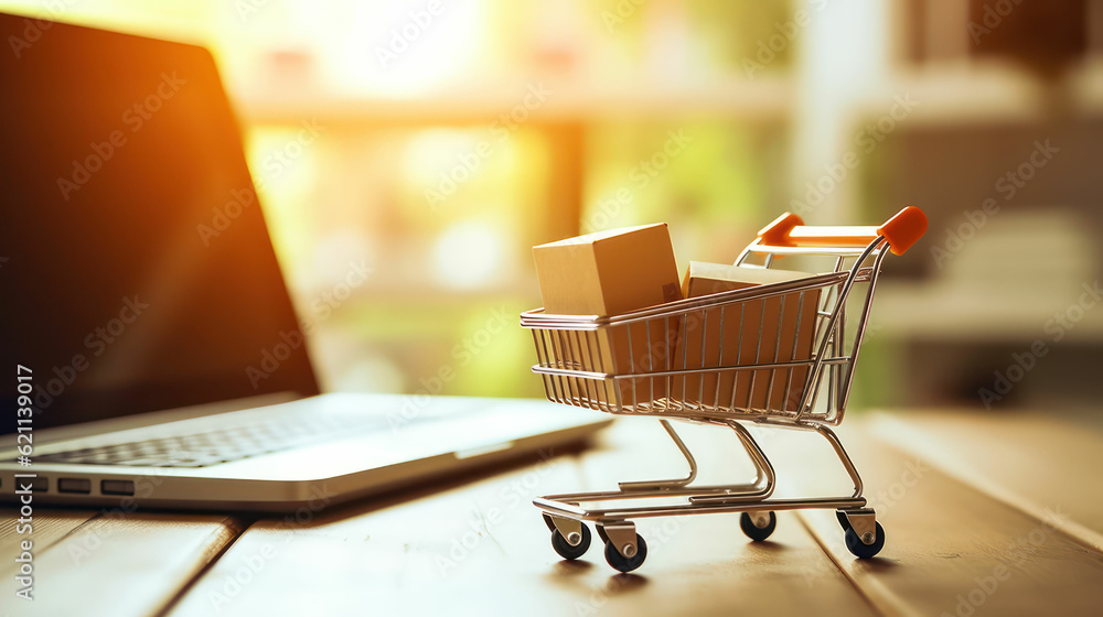 Model shopping cart and laptop keyboard on wood table