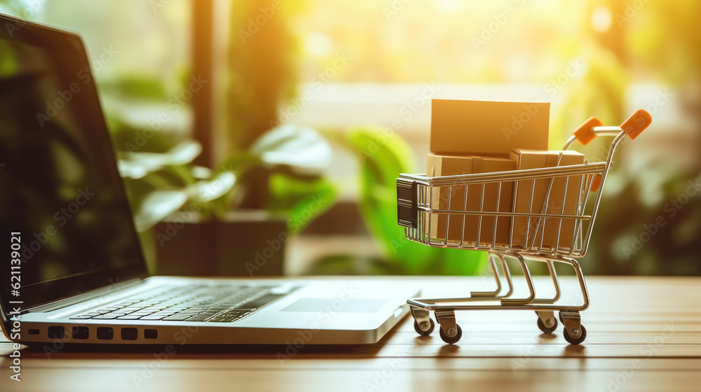 Model shopping cart and laptop keyboard on wood table