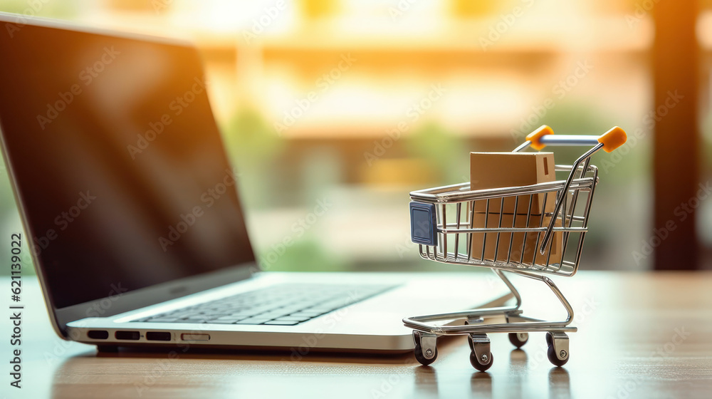 Model shopping cart and laptop keyboard on wood table