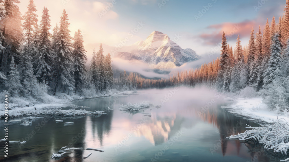 Fototapeta premium Winter forest reflected in water.