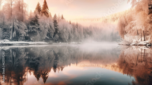 Winter forest reflected in water. © tashechka