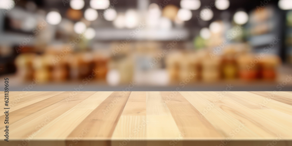 Wooden board empty table top and blur interior supermarket.