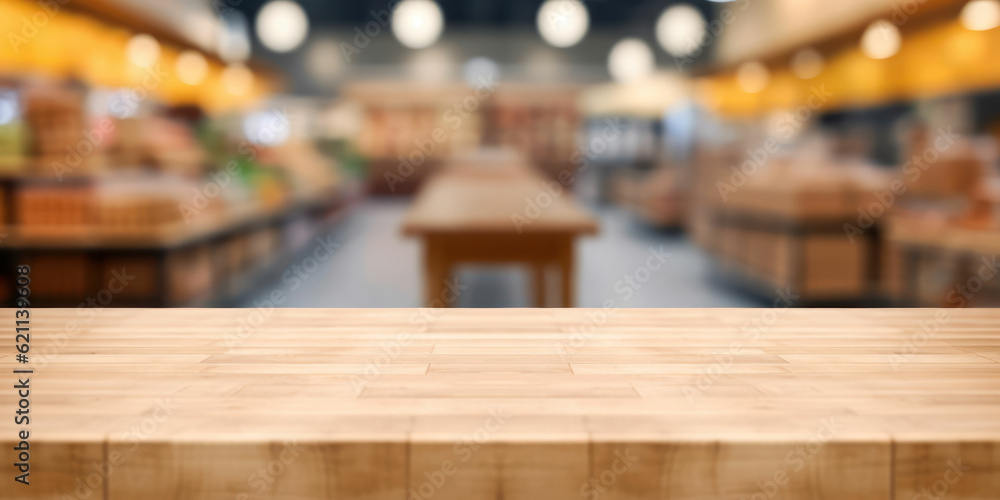 Wooden board empty table top and blur interior supermarket.