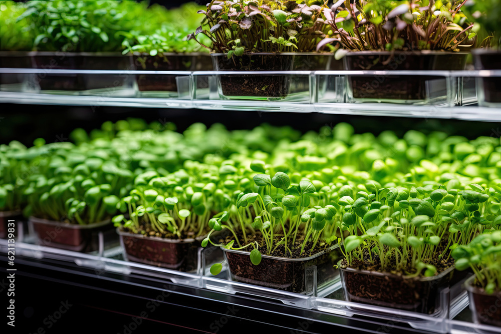 Close-up of a trays with microgreens, modern urban microgreen farm, Generative AI Close-up of a trays with microgreens, modern urban microgreen farm, Generative AI