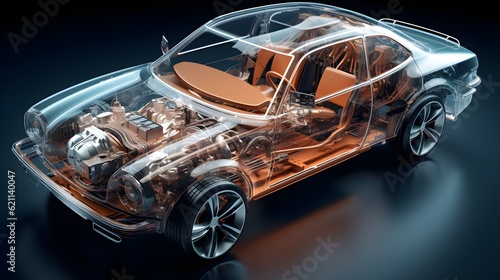 Transparent car engine seen from outside of car. car made of transparent material and engine transparently seen from outside modern car model. ai generative