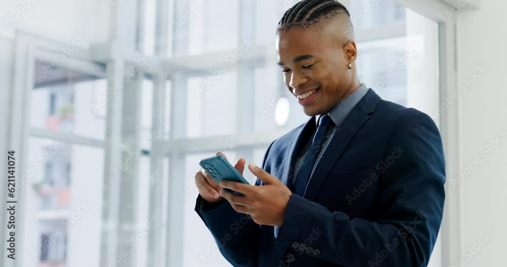Happy man with cellphone, thinking in office and typing email or social media meme in business networking. Africa, internet and smile, businessman laughing with mobile app on phone and chat online. Happy man with cellphone, thinking in office and typing email or social media meme in business networking. Africa, internet and smile, businessman laughing with mobile app on phone and chat online.
