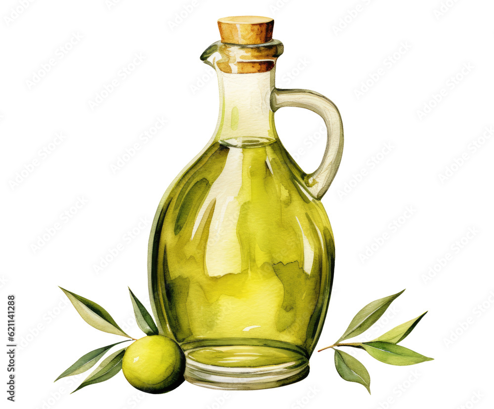 Watercolor illustration of olive oil with olives and branches isolated on transparent background Watercolor illustration of olive oil with olives and branches isolated on transparent background