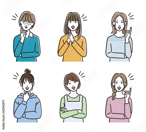 いいこと思いついた！　カジュアルな服装の女性のセット