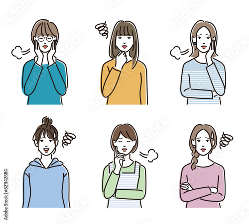 困った表情　カジュアルな服装の女性　セット