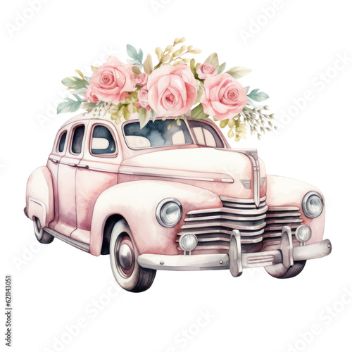 a vintage wedding car decorated with flowers in watercolor style isolated on a transparent background, generative ai