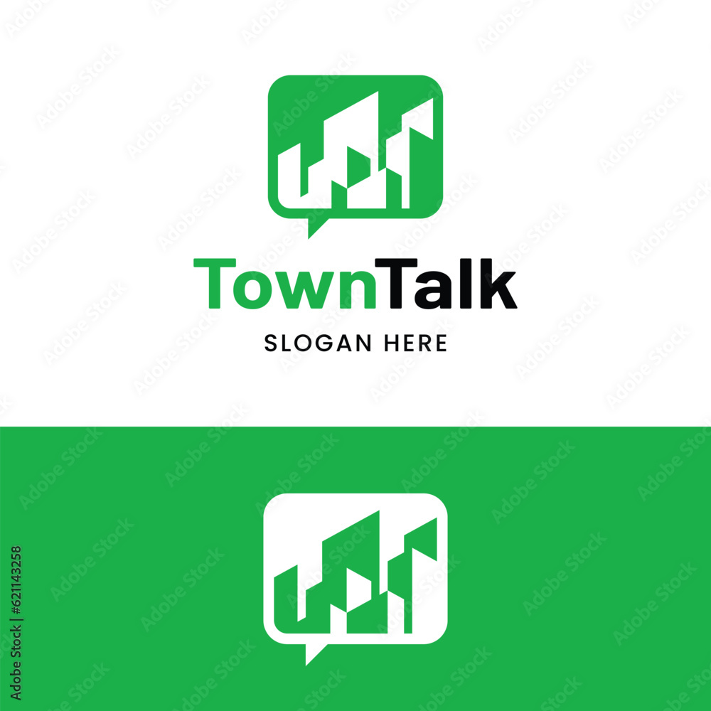 Town City Building with Bubble Speech Chat in Modern Minimal Style for Urban Conversation Discussion News Community Group Social Media Platform App Logo Design Template Town City Building with Bubble Speech Chat in Modern Minimal Style for Urban Conversation Discussion News Community Group Social Media Platform App Logo Design Template
