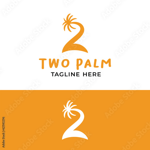 Number 2 Two with Symbol of Palm Tree and Island in Simple Minimal Style for Beach Related Business Hotel Resort Restaurant Travel Tourism Logo Design Template
