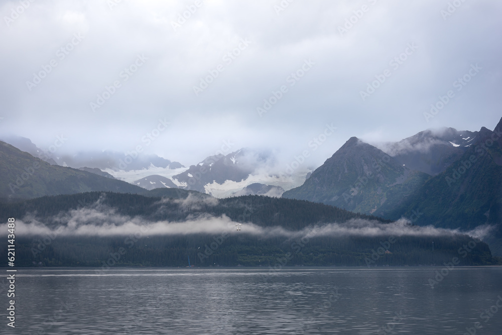 View of Resurrection Bay with Mountain background shot from cruise tour near Seward , Alaska in cloudy day.