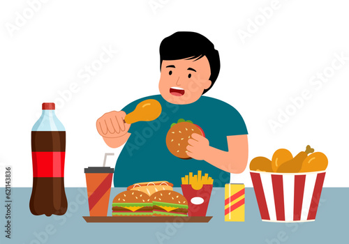 Obesity man enjoy eating fast food in flat design on white background. Overeating addiction concept vector illustration.