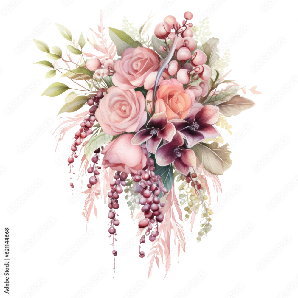 a cascading bridal bouquet in watercolor style isolated on a transparent background, generative ai