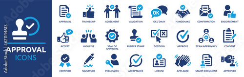 Approval icon set. Containing accept, certified, thumps up, agreement, approve, validation, seal approved, confirmation and decision icons. Solid icon set. Vector illustration. photo