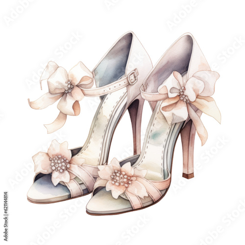 a pair of wedding shoes in watercolor style isolated on a transparent background, generative ai