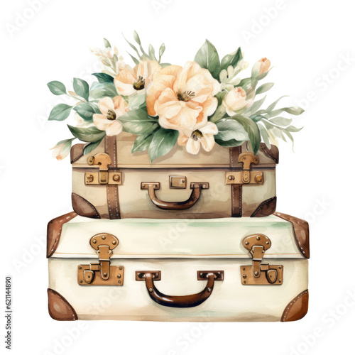 a vintage wedding suitcase for cards in watercolor style isolated on a transparent background, generative ai